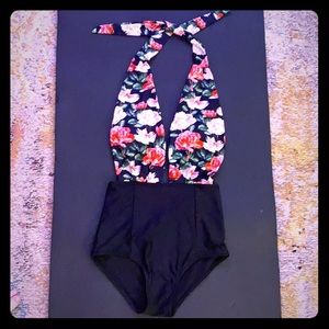 Black/floral one piece swimsuit